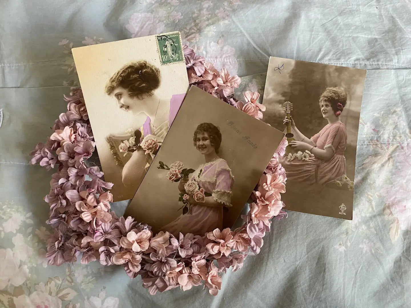 Collection 3 Antique French Postcards Women Pink Dress Roses