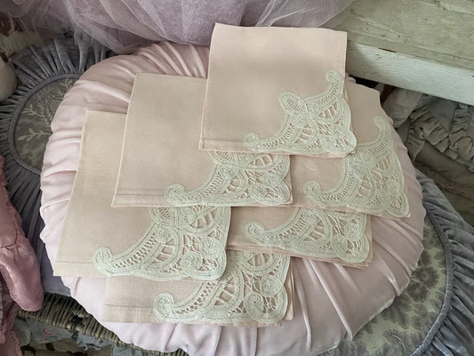 Collection 6 Antique Pale Pink Linen Battenberg Lace Napkins