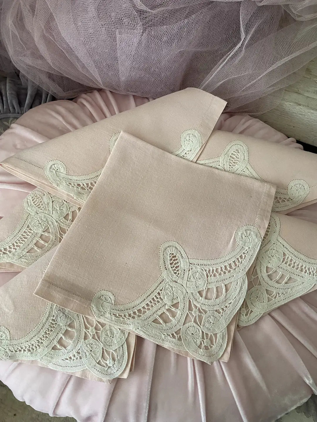 Collection 6 Antique Pale Pink Linen Battenberg Lace Napkins