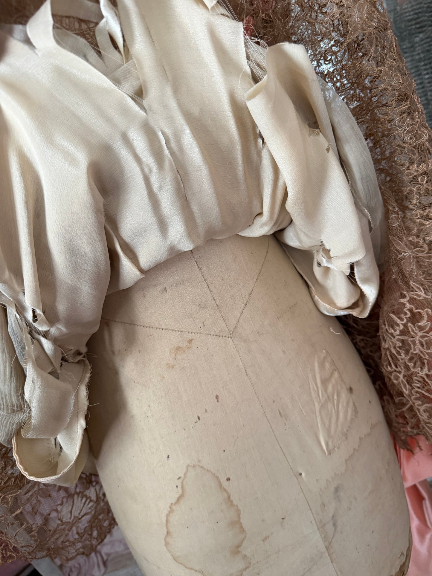 Antique Silk Corset Mannequin With Ribbonwork Lace Dress
