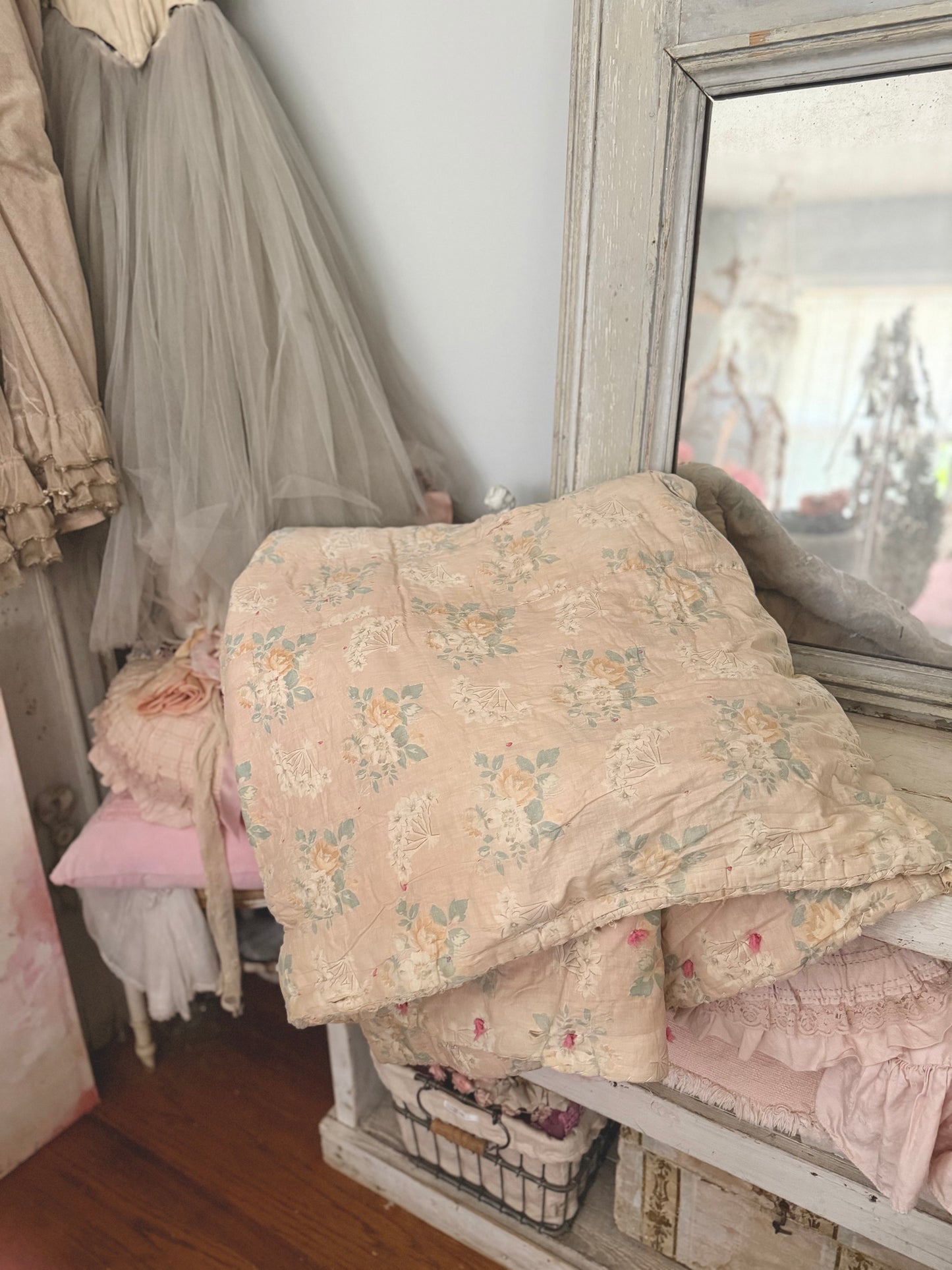Antique Shabby French Boutis Quilt
