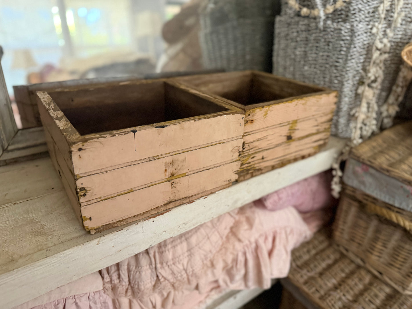 Pair Antique Pink Chippy Wood Crates