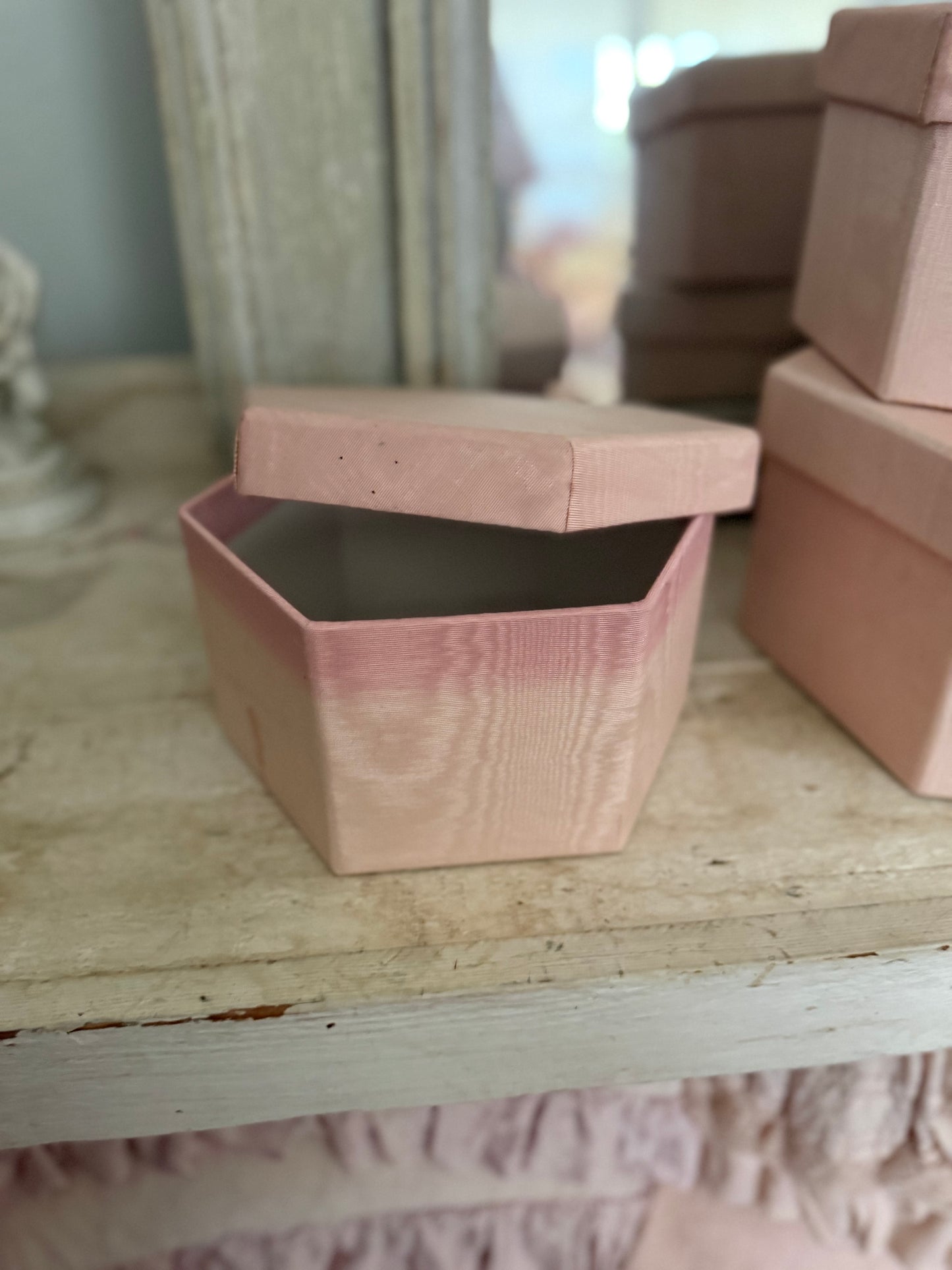 Collection 9 Vintage Pink Moire Fabric Nesting Boxes