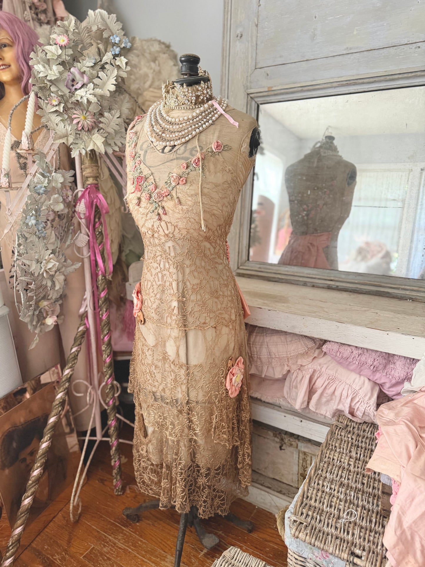 Antique Silk Corset Mannequin With Ribbonwork Lace Dress