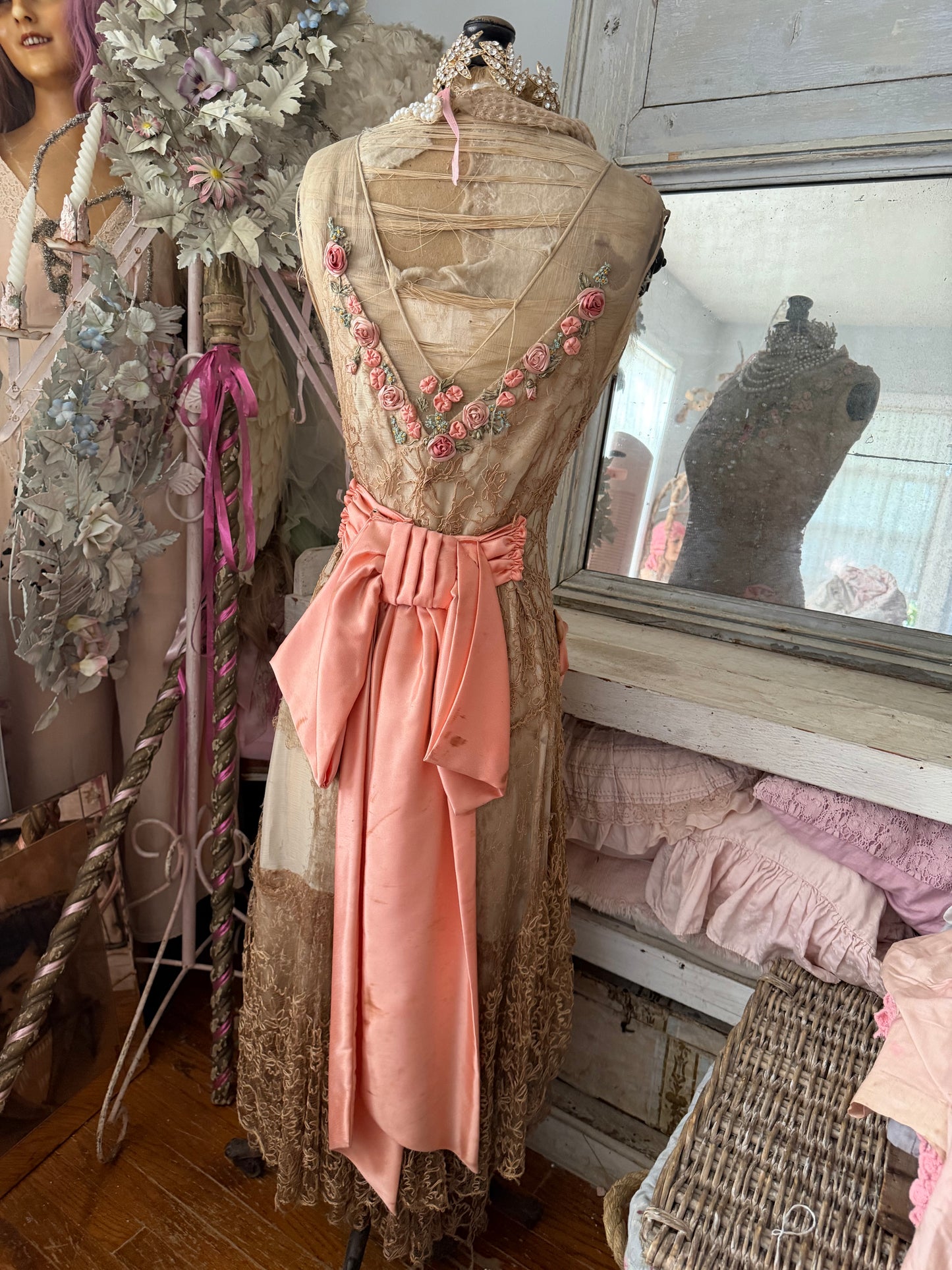Antique Silk Corset Mannequin With Ribbonwork Lace Dress