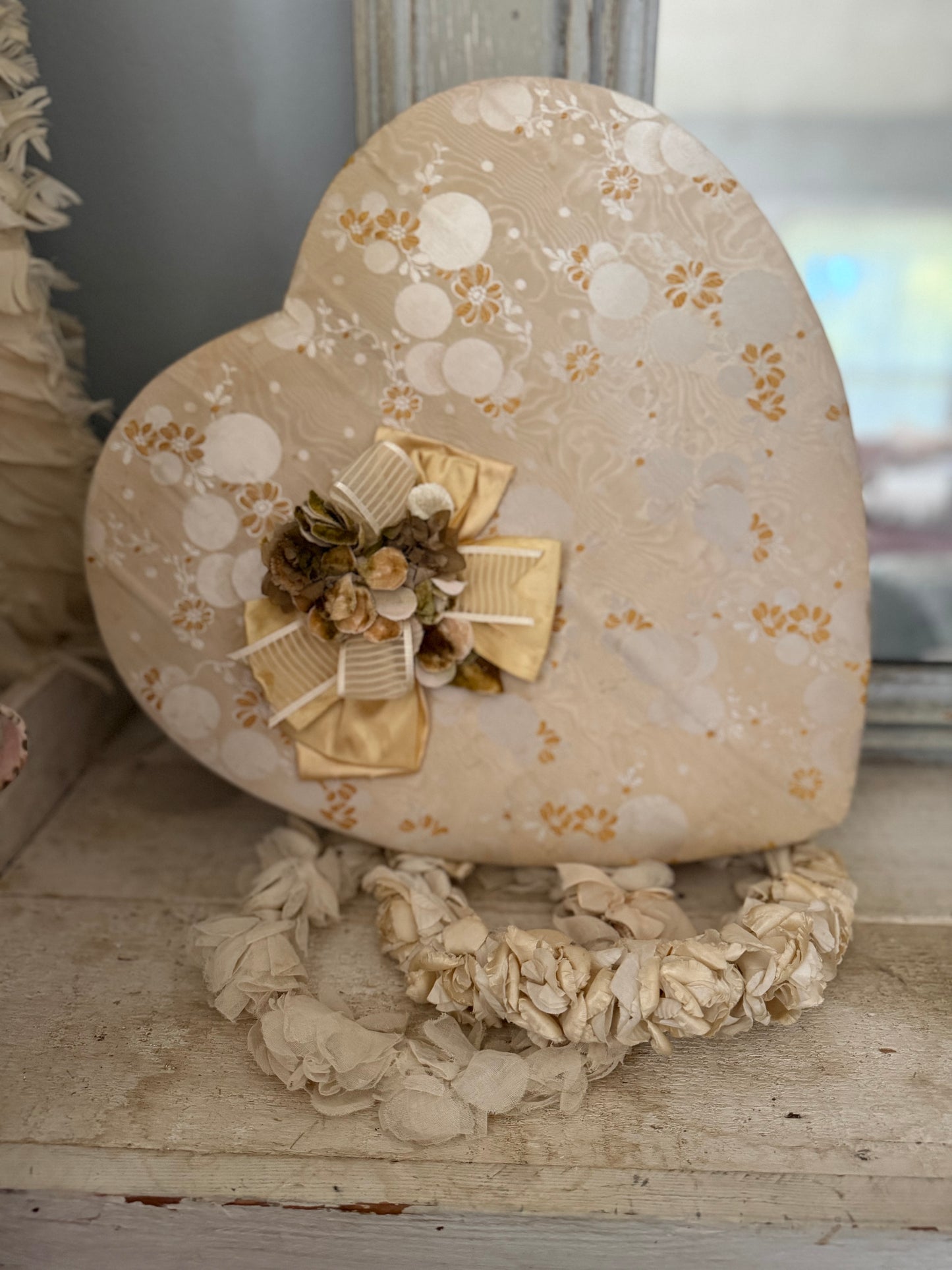 XL Vintage Gold Fabric Heart Candy Box Millinery Flowers Bow