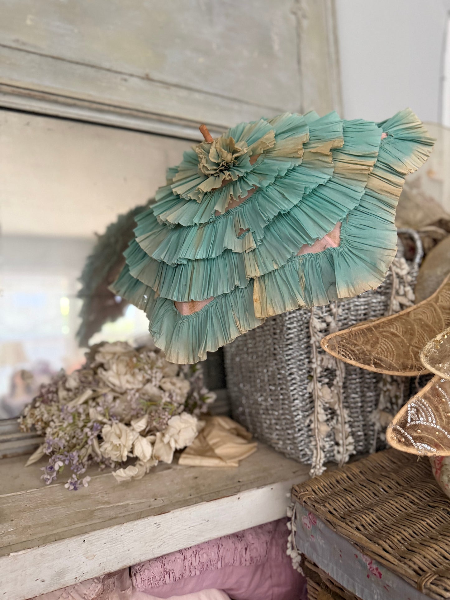 Antique Blue Pink Crepe Paper Parasol