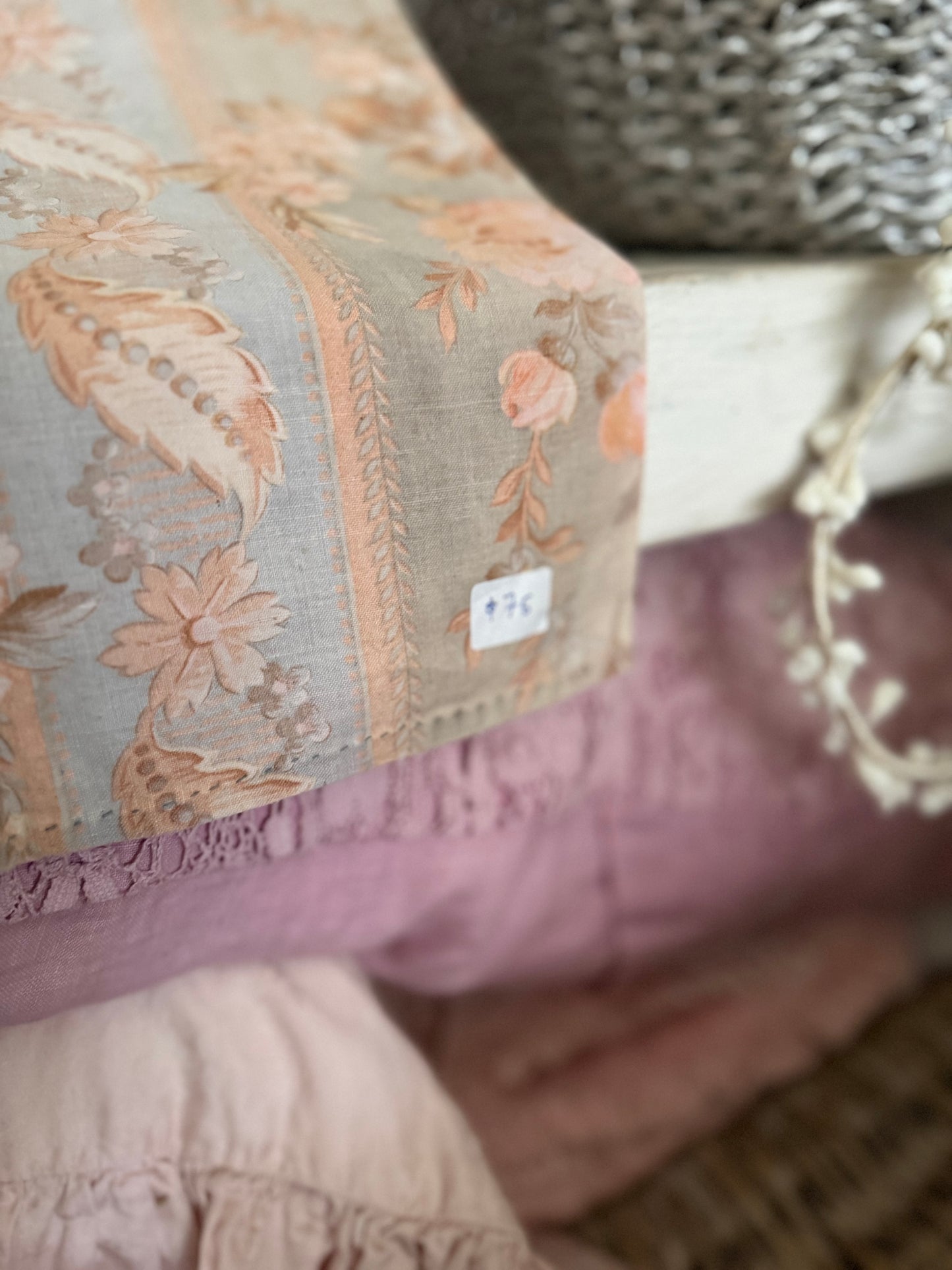Antique French Fabric Dusty Blue Pink Roses