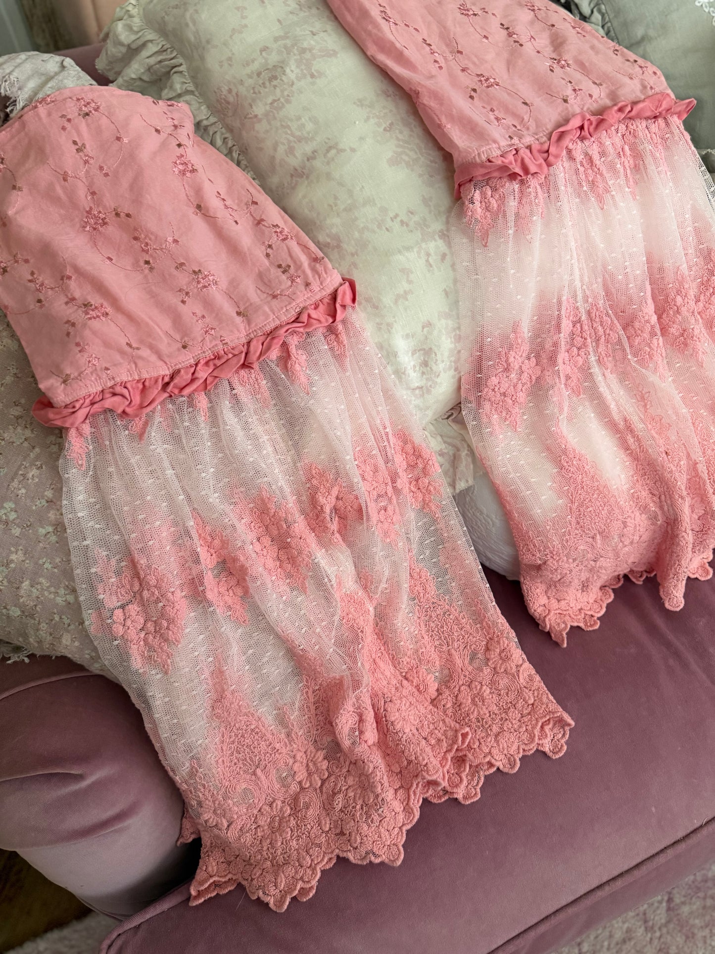 Pair Bella Notte Pink Olive Lace Pillowcases