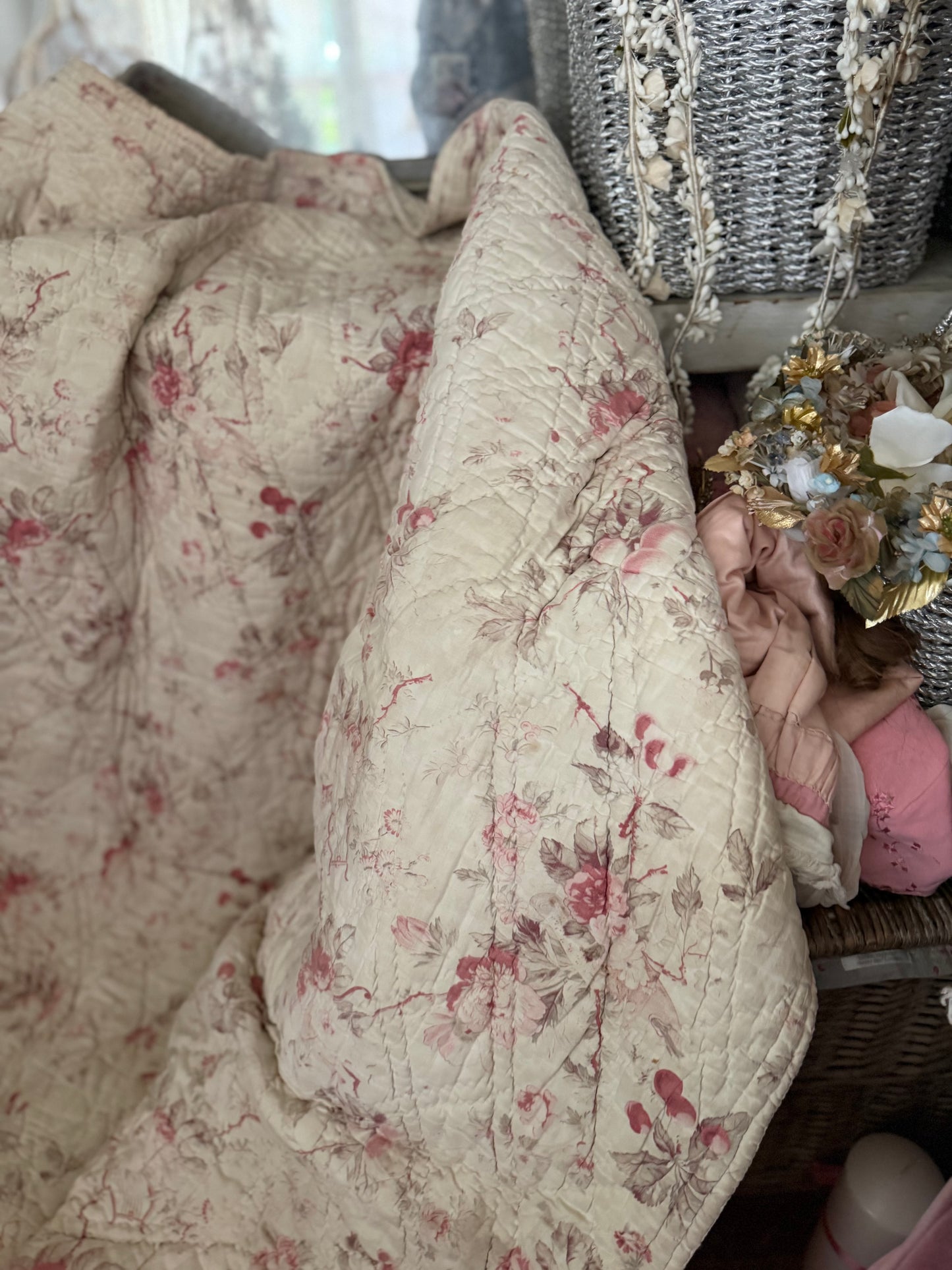Antique French Boutis Quilt Soft Pink Roses Florals