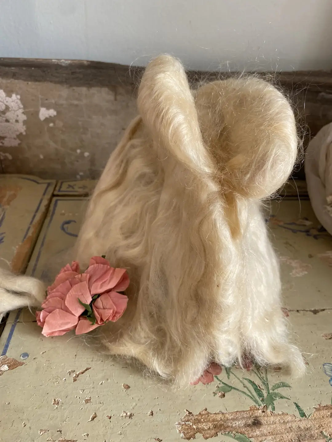 Early 1920s Vintage Theater Wig With Pink Crepe Paper Millinery Flower