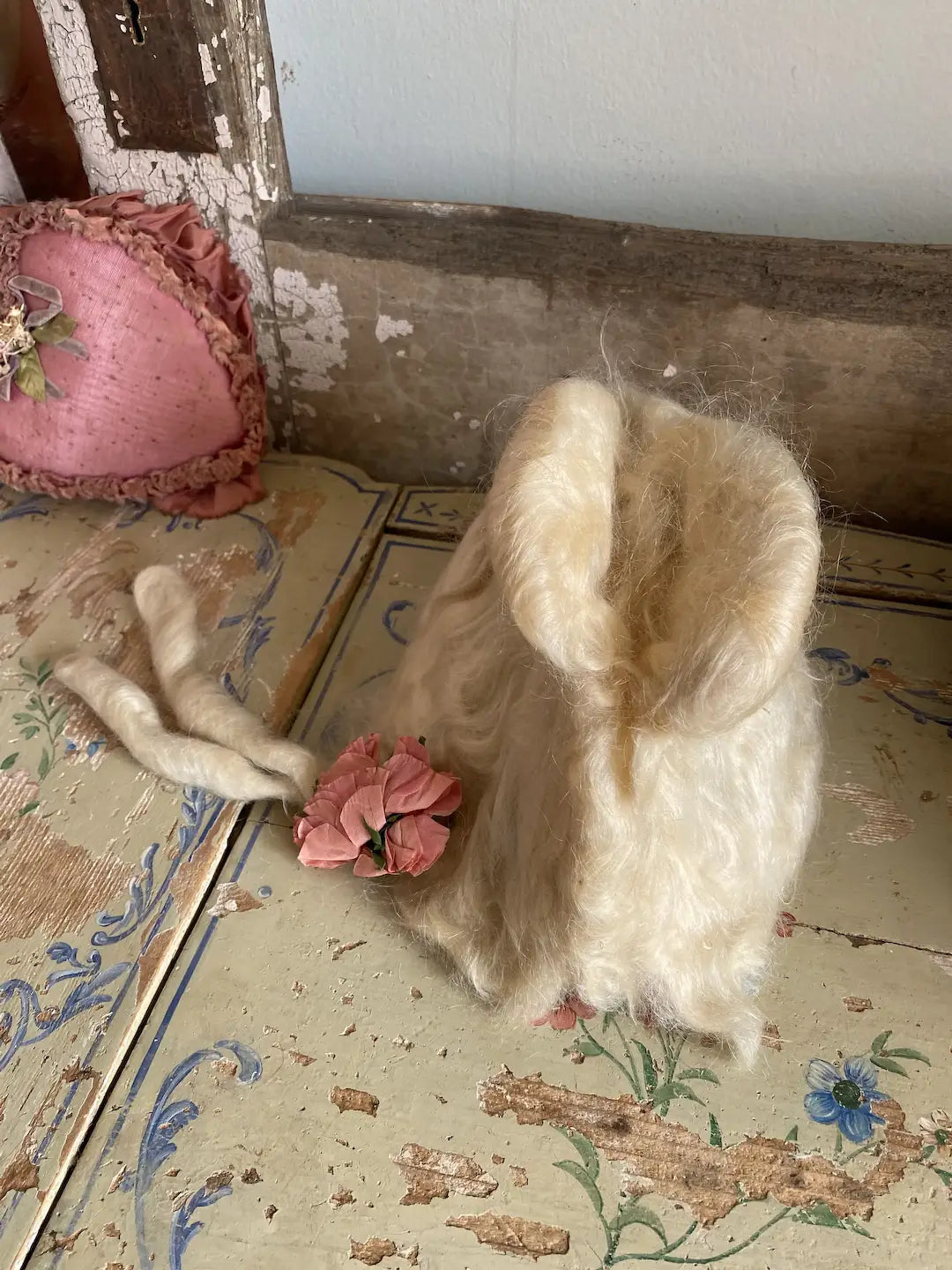 Early 1920s Vintage Theater Wig With Pink Crepe Paper Millinery Flower