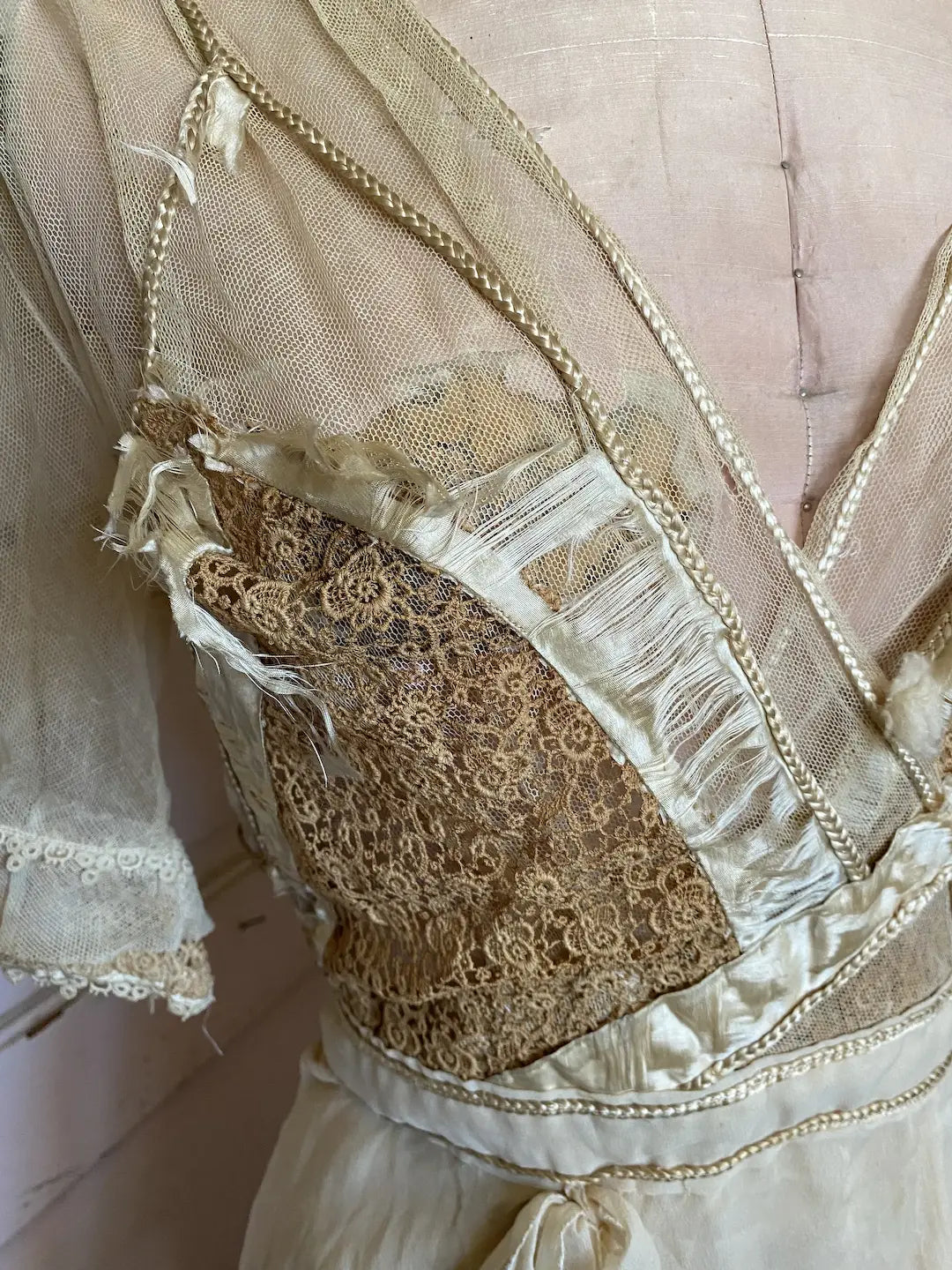 Antique Edwardian Blouse Crepe Silk Lace Ribbon