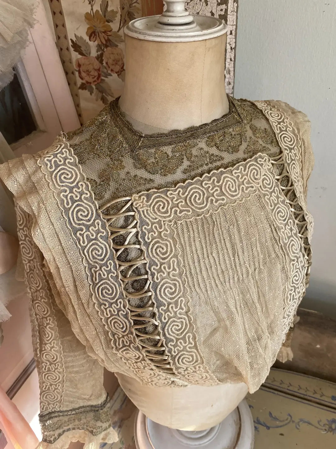 Antique Blouse Lace Soutache Lame Metallic