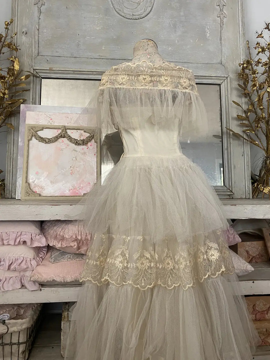 Vintage Prom Dress Layers Ruffled Tulle Lace Tambour Embroidery