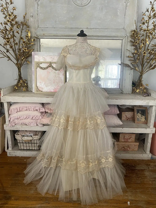 Vintage Prom Dress Layers Ruffled Tulle Lace Tambour Embroidery