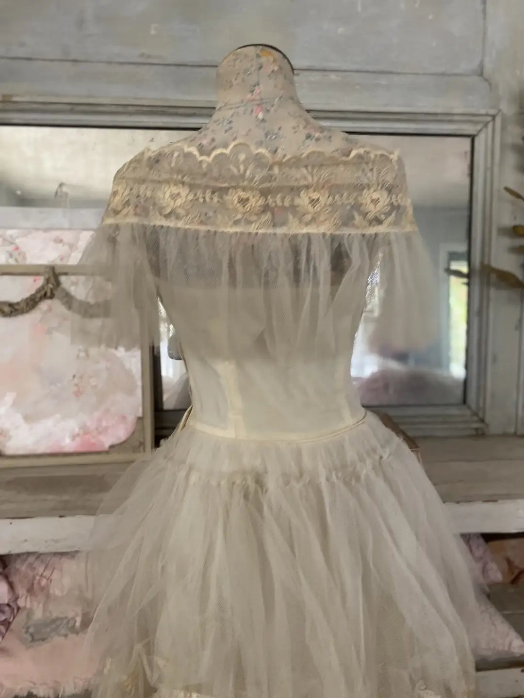 Vintage Prom Dress Layers Ruffled Tulle Lace Tambour Embroidery