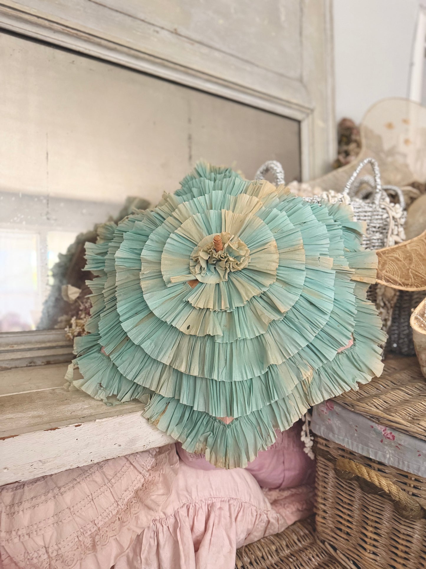 Antique Blue Pink Crepe Paper Parasol