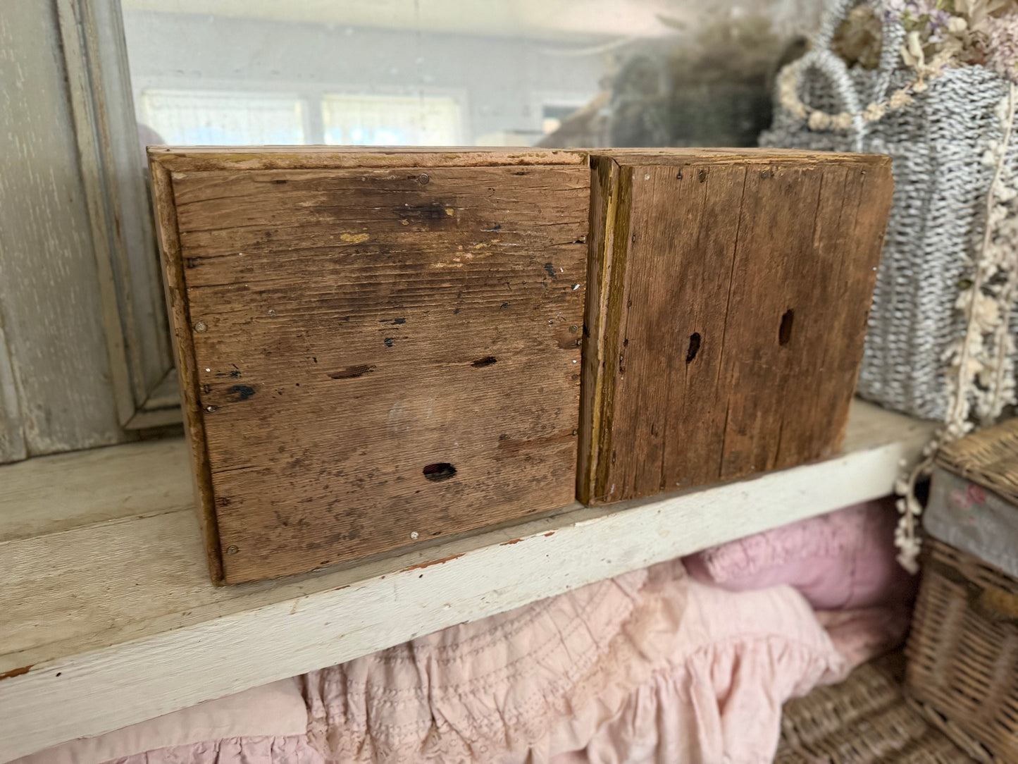 Pair Antique Pink Chippy Wood Crates