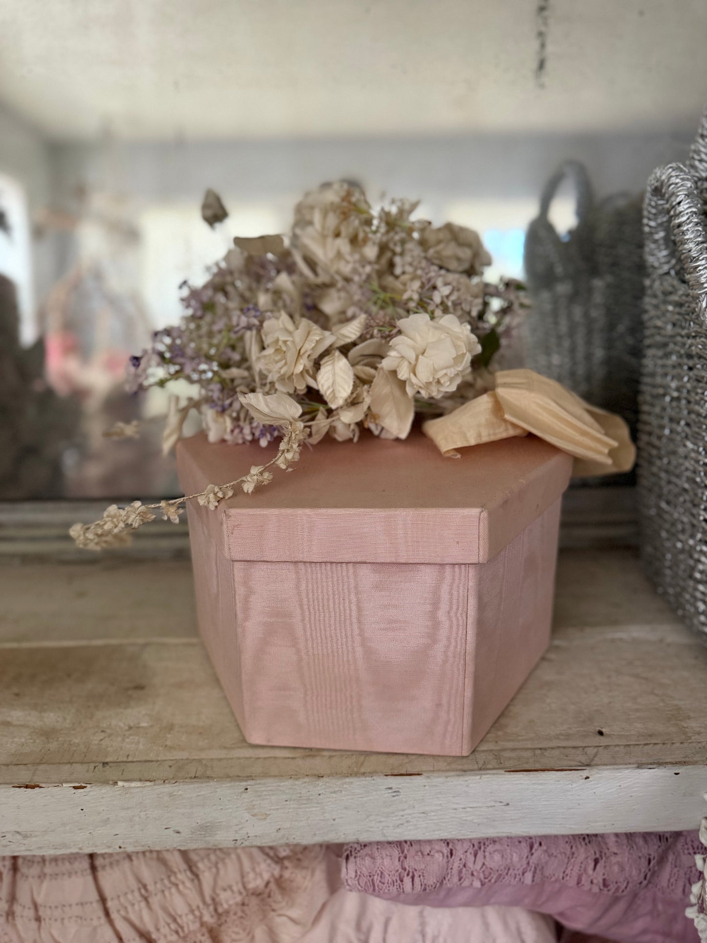 Collection 9 Vintage Pink Moire Fabric Nesting Boxes