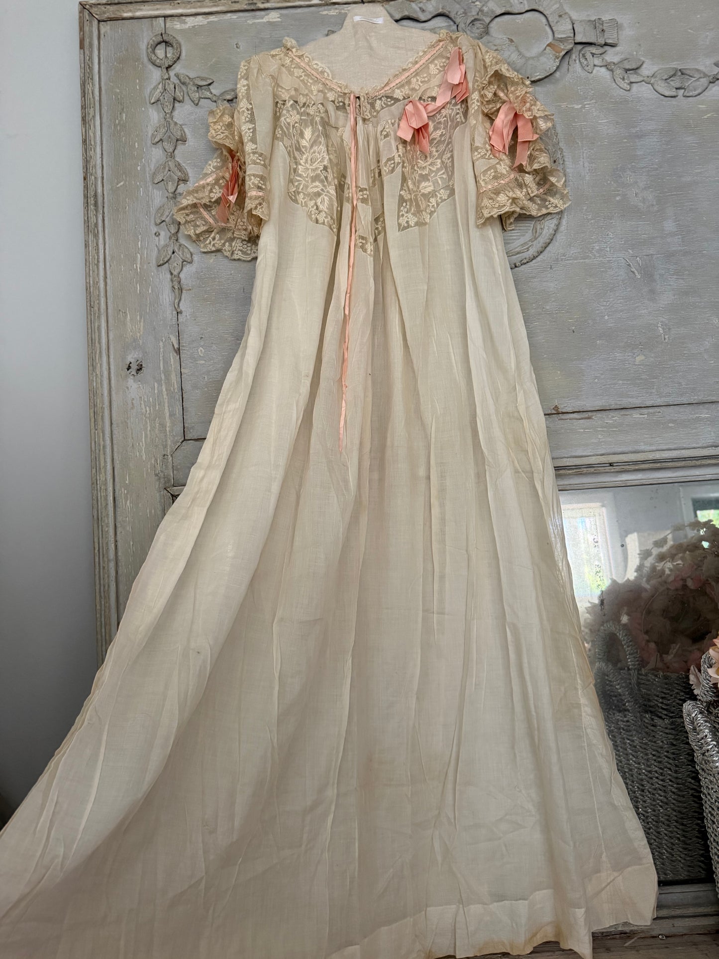 Antique Victorian Floral Lace Nightgown Ribbon Bow