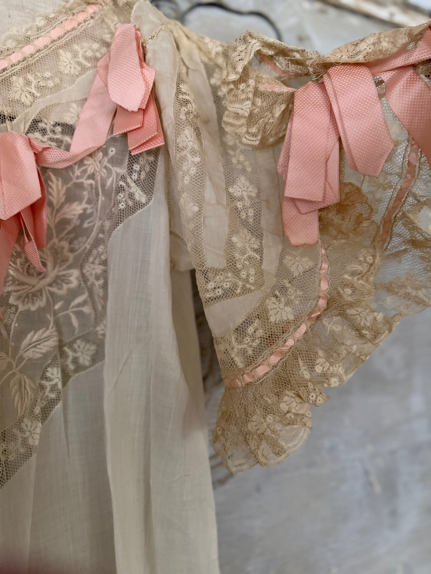 Antique Victorian Floral Lace Nightgown Ribbon Bow
