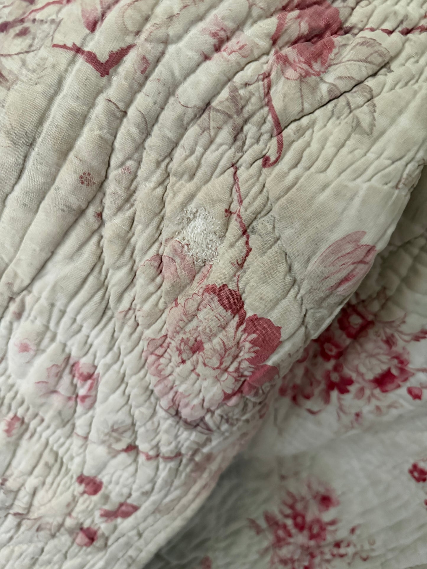 Antique French Boutis Quilt Soft Pink Roses Florals