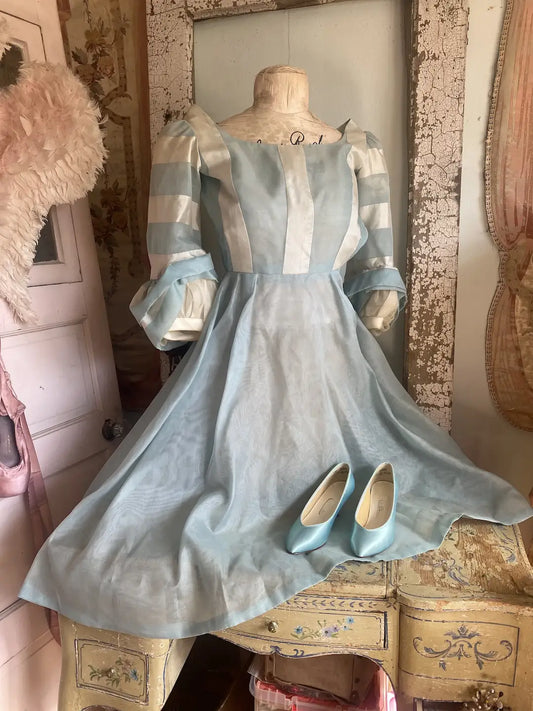 Vintage 1980s Dress Blue White Shoes