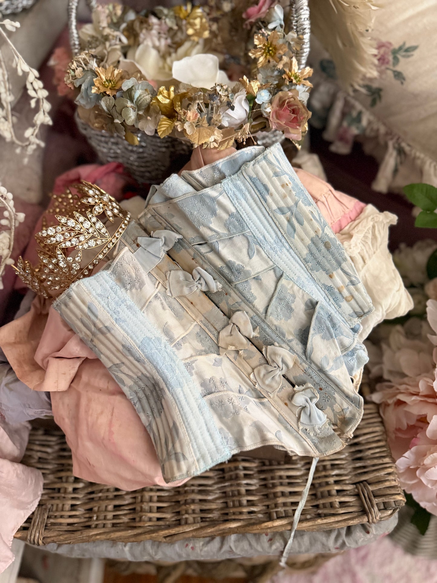 PREVIEW (On Loan) Antique Victorian Blue Ribbon Bow Corset