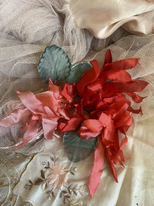 Vintage GIANT Triple Bloom Red Pink Coral Millinery Flower