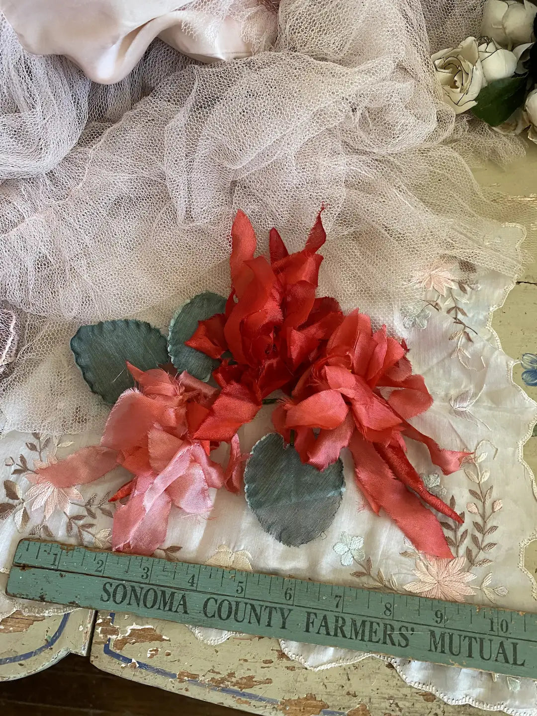 Vintage GIANT Triple Bloom Red Pink Coral Millinery Flower