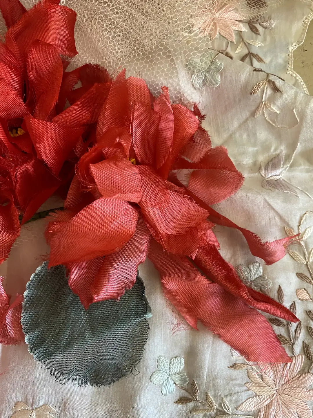 Vintage GIANT Triple Bloom Red Pink Coral Millinery Flower