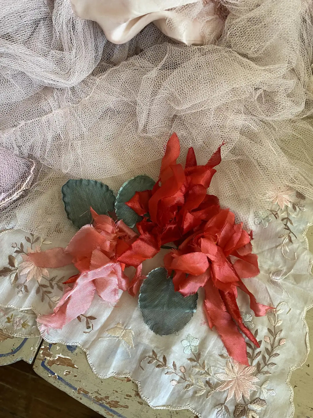 Vintage GIANT Triple Bloom Red Pink Coral Millinery Flower