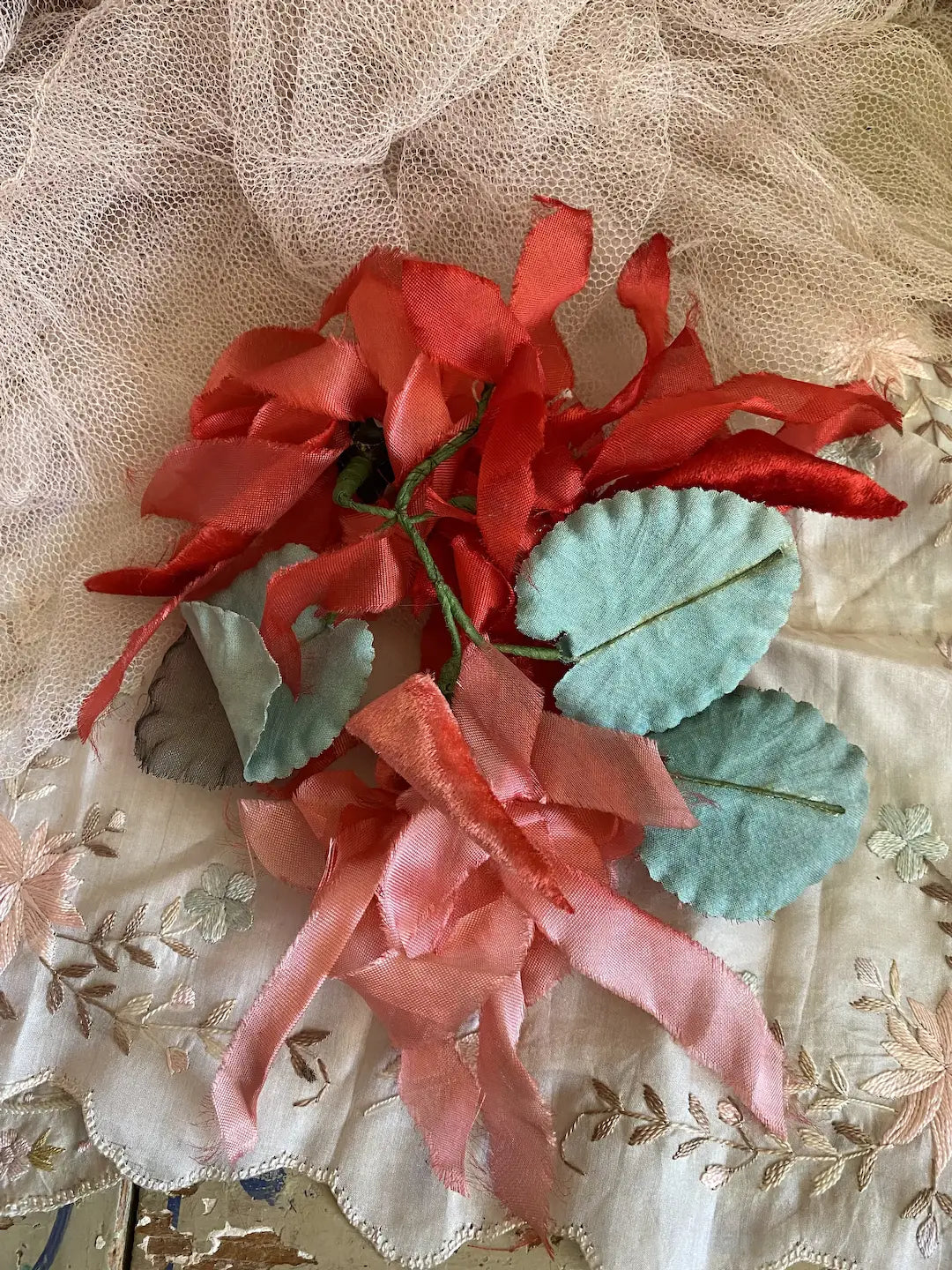 Vintage GIANT Triple Bloom Red Pink Coral Millinery Flower