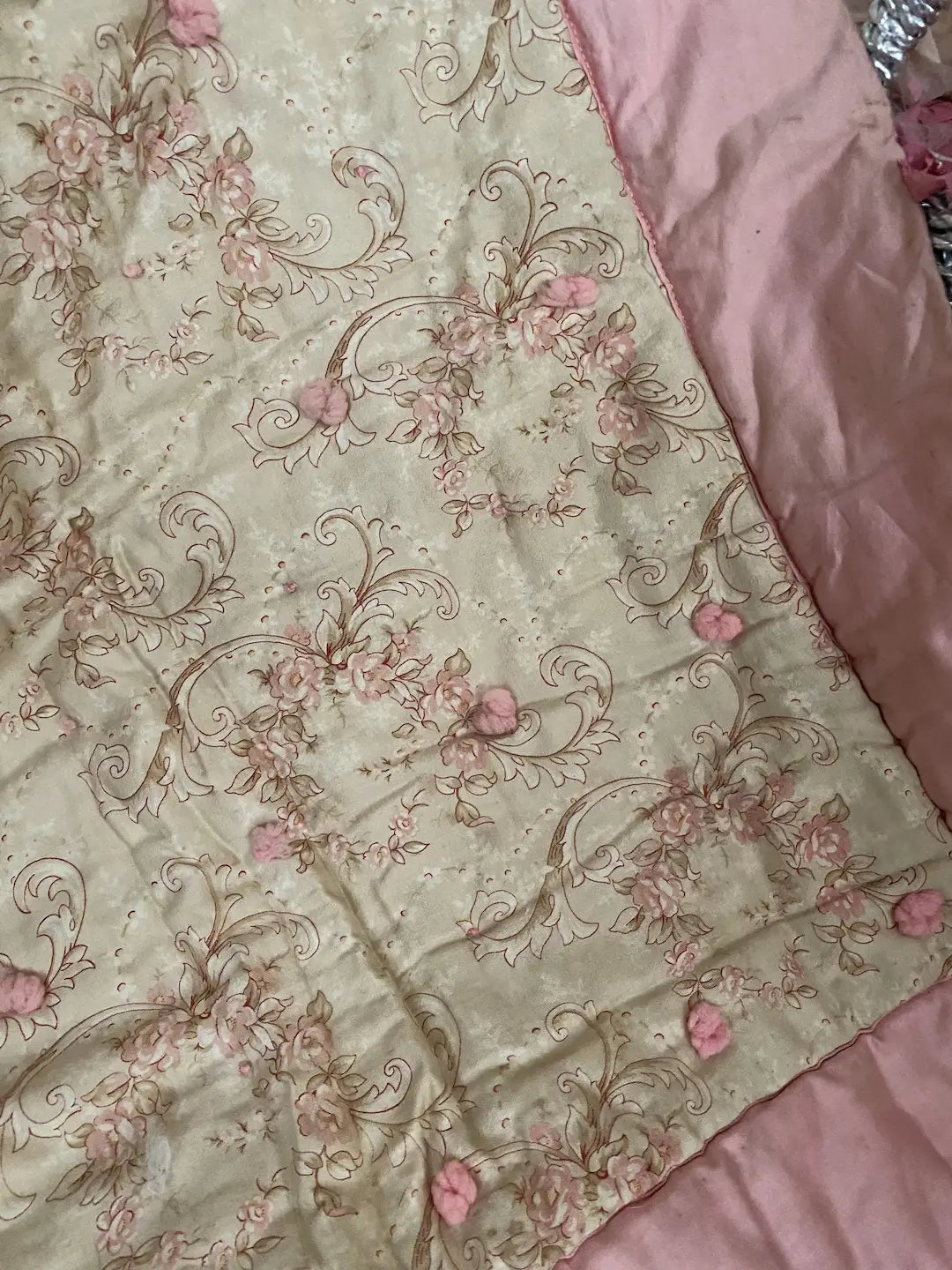 Antique French Boutis Quilt Pink Rose Wreath Shabby Chic