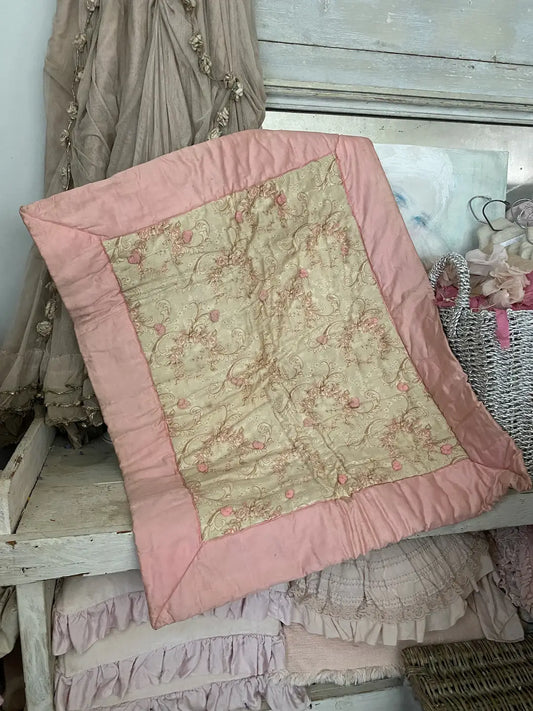 Antique French Boutis Quilt Pink Rose Wreath Shabby Chic