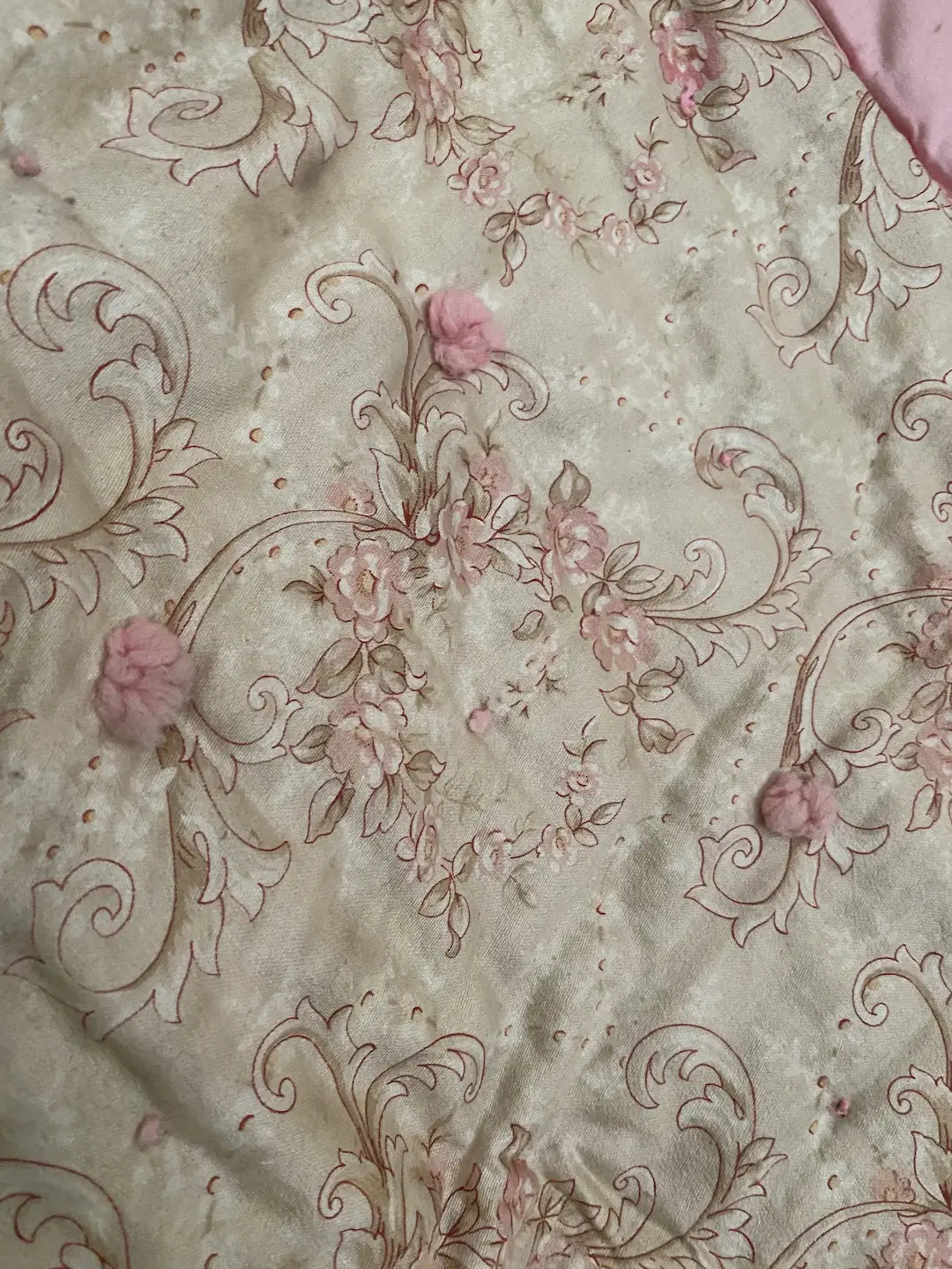 Antique French Boutis Quilt Pink Rose Wreath Shabby Chic