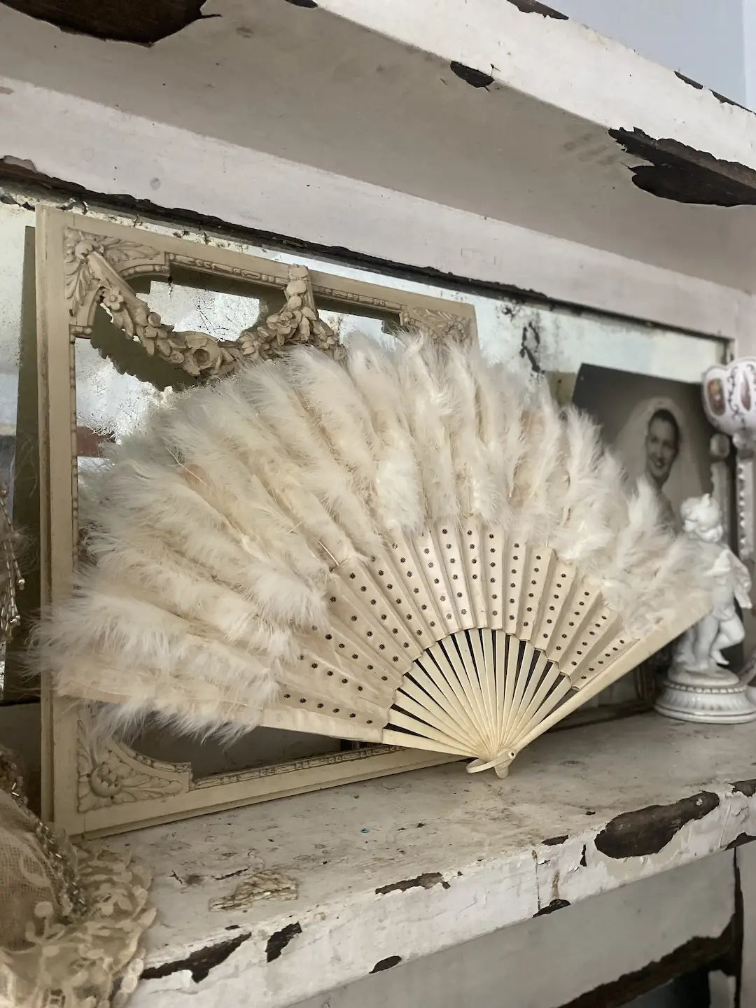 Antique Feather Fan Silk Silver Spangles