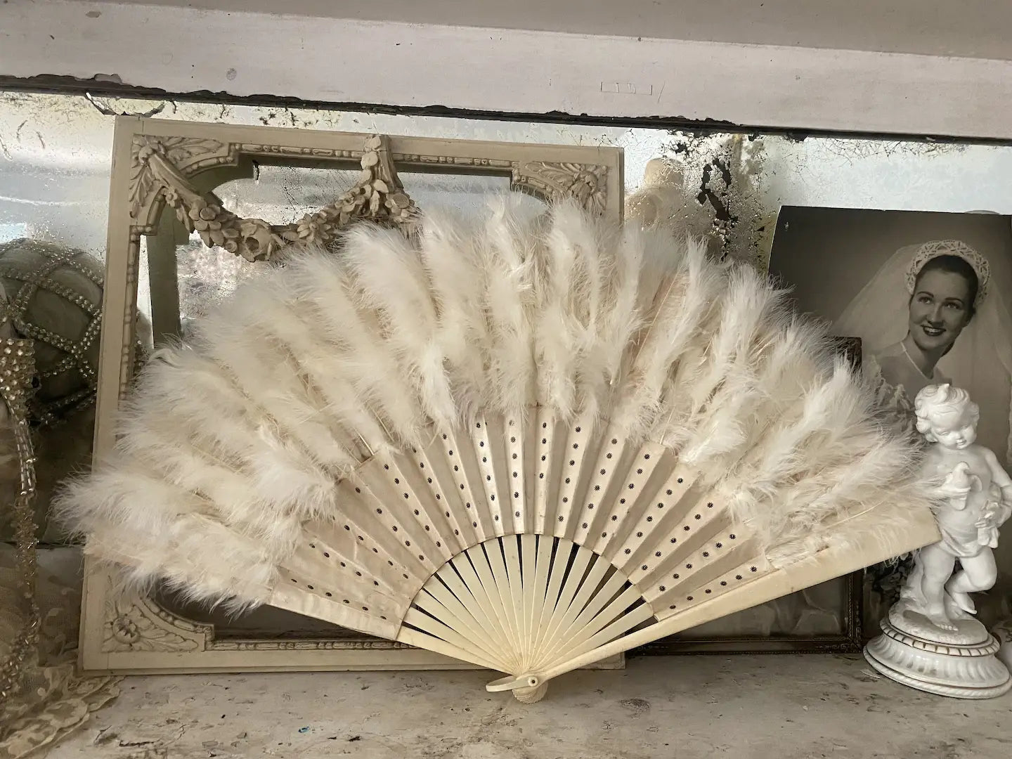 Antique Feather Fan Silk Silver Spangles