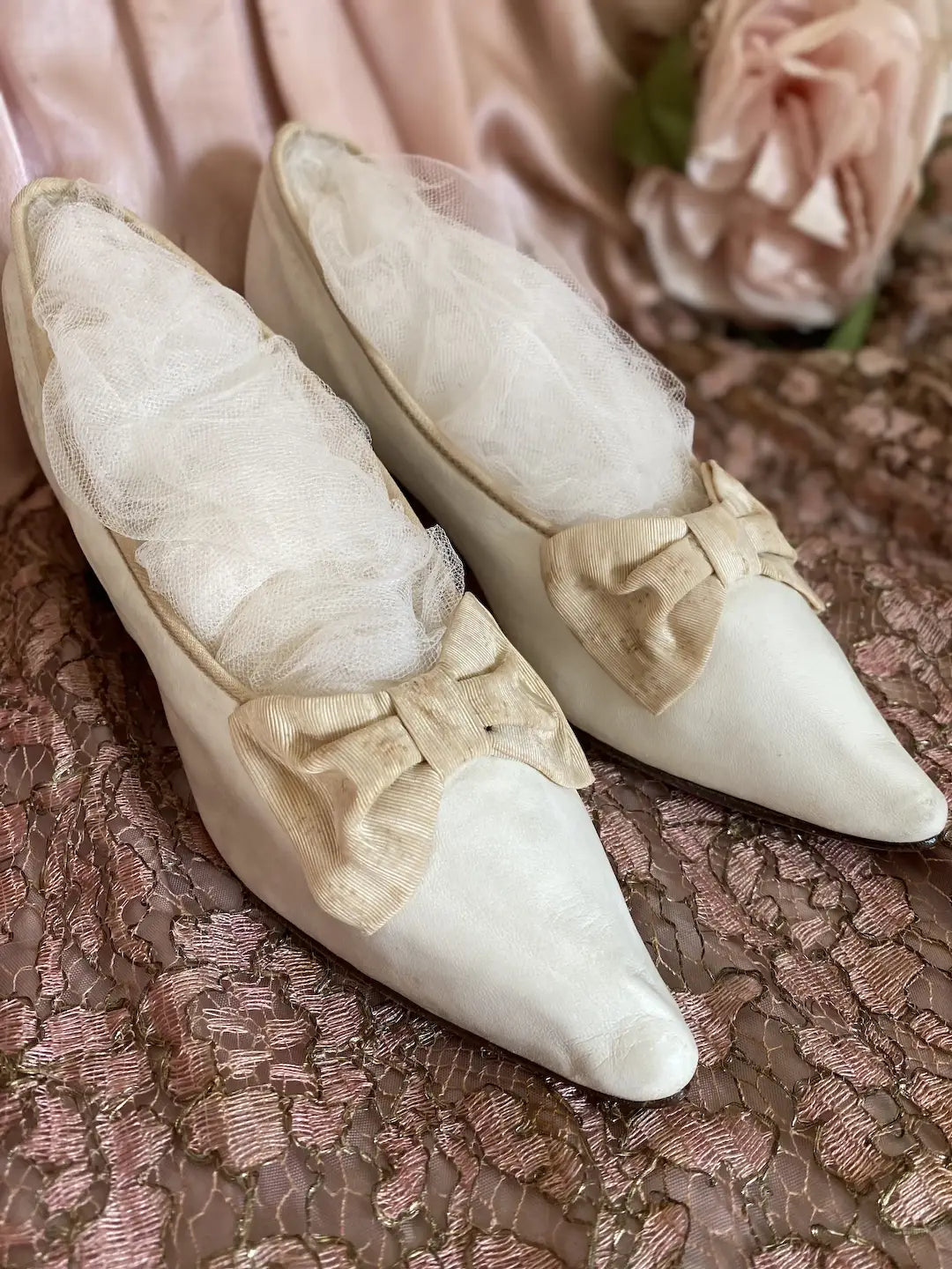 Antique French Shoes Silk Bows Museum Deaccession