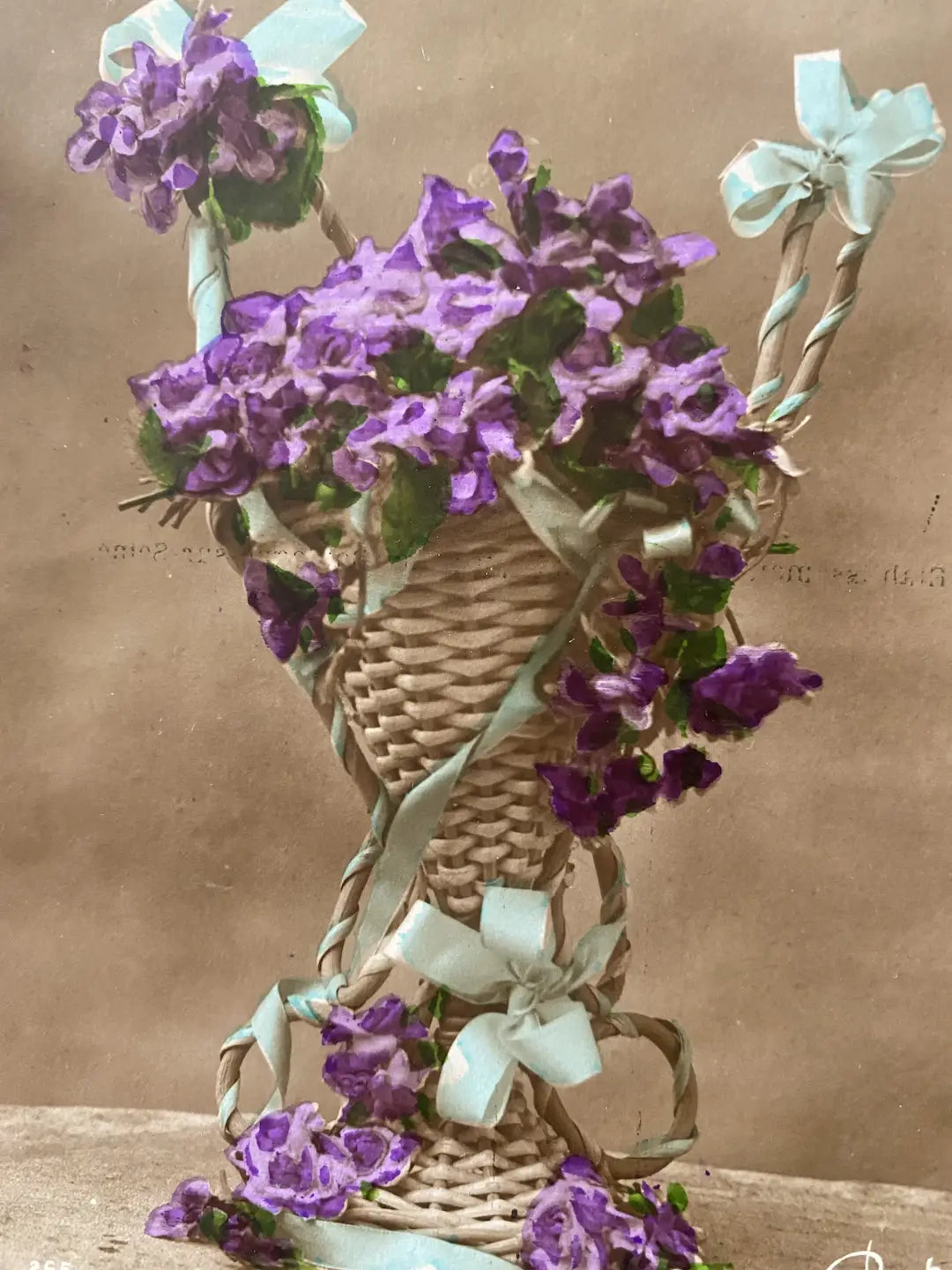 Antique French Postcard Flower Basket Ribbon Bows Purple