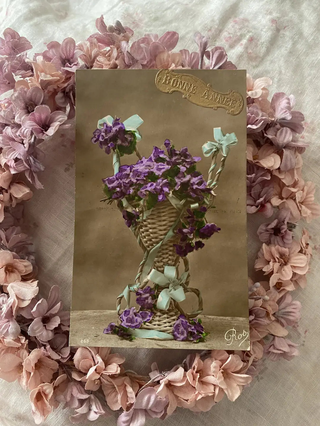 Antique French Postcard Flower Basket Ribbon Bows Purple