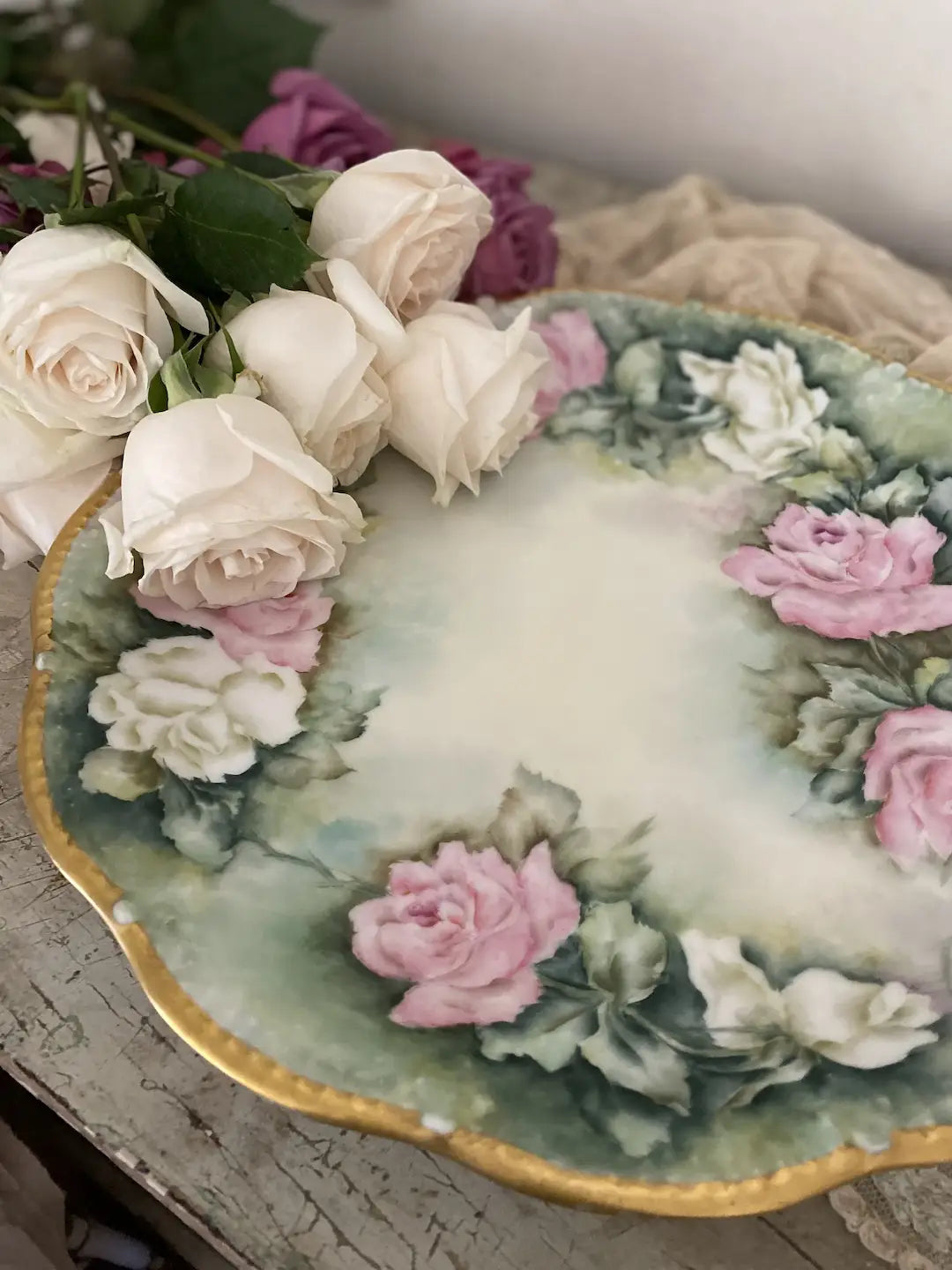 Antique Limoges France XL Plate Pink White Cabbage Roses