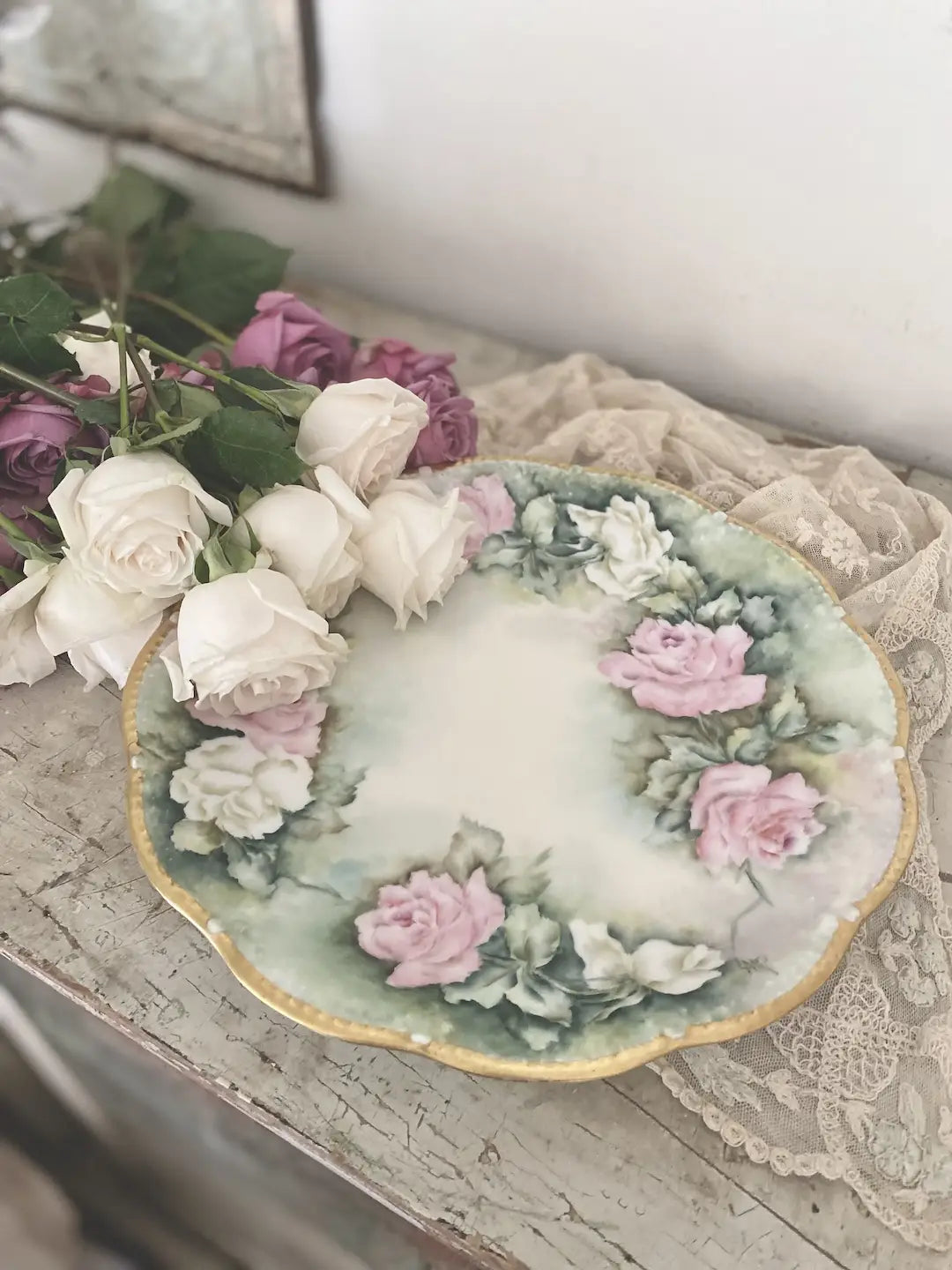 Antique Limoges France XL Plate Pink White Cabbage Roses