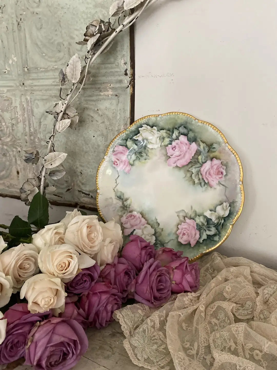 Antique Limoges France XL Plate Pink White Cabbage Roses