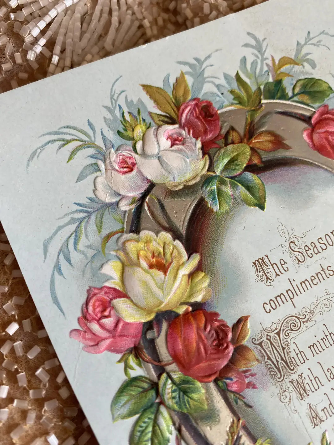 Antique Embossed Card Blue Horseshoe Floral Bouquet Roses