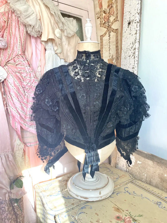 Antique Victorian Bodice Black Lace Velvet Ribbon