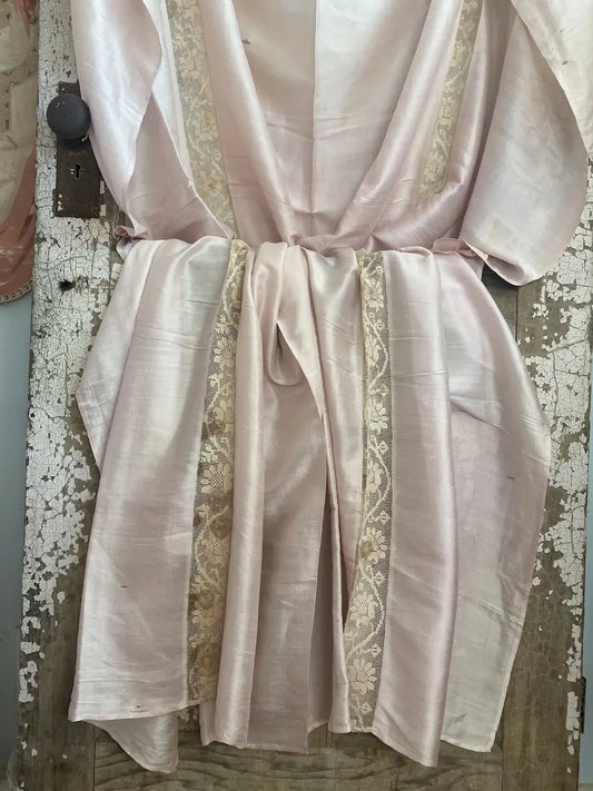 Antique 1920 Silk Sheet Bed Cover Pink Floral Lace