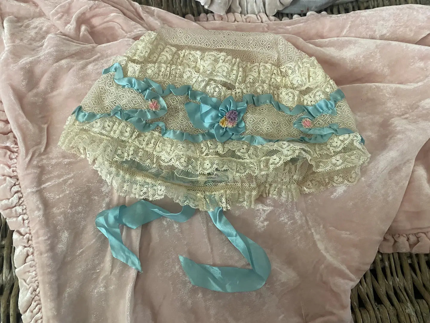 Antique Boudoir Cap Lace Blue Silk Ribbonwork