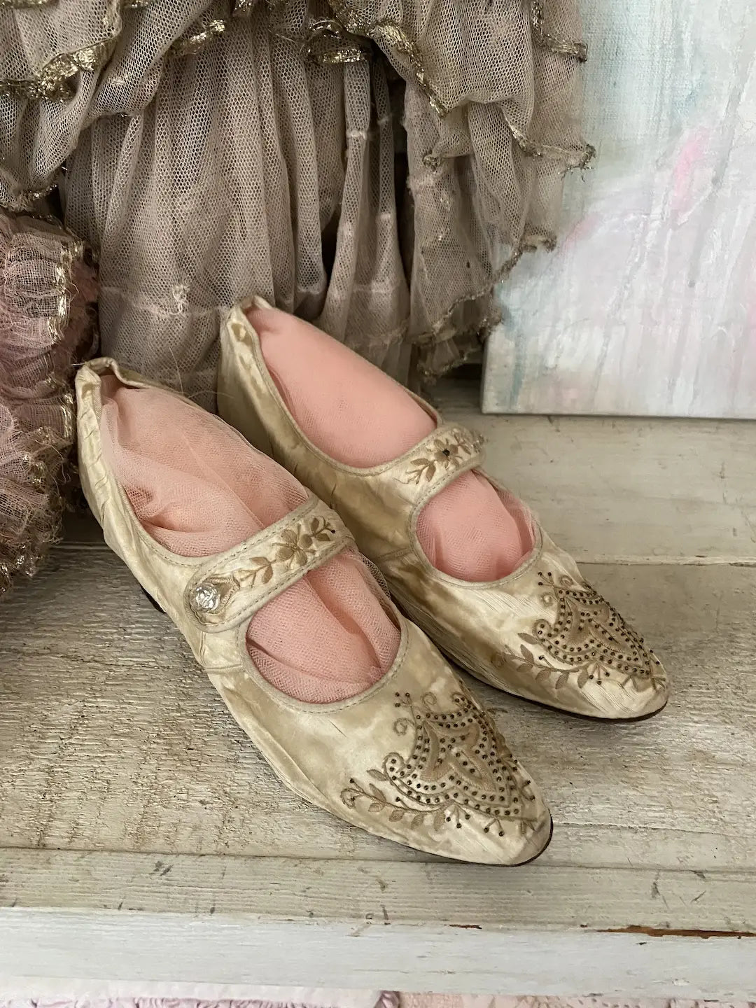 Antique Beaded Silk Bridal Shoes Glass Buttons